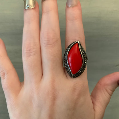 Art Deco Style Coral & Silver Oversized Studded Statement Ring Good Condition