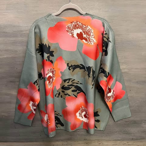 SHEIN Curve Sage Green Large Abstract Hibiscus Flower Crew Neck Sweater Size 3XL New without Tags