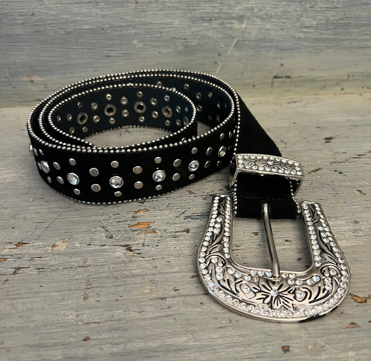 Studded Rhinestone Black Suede Leather Belt XL New