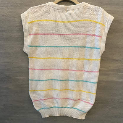 Vintage Here’s a HUG 100% Cotton Pastel Stripe White Sweater Vest Size Small Good Condition
