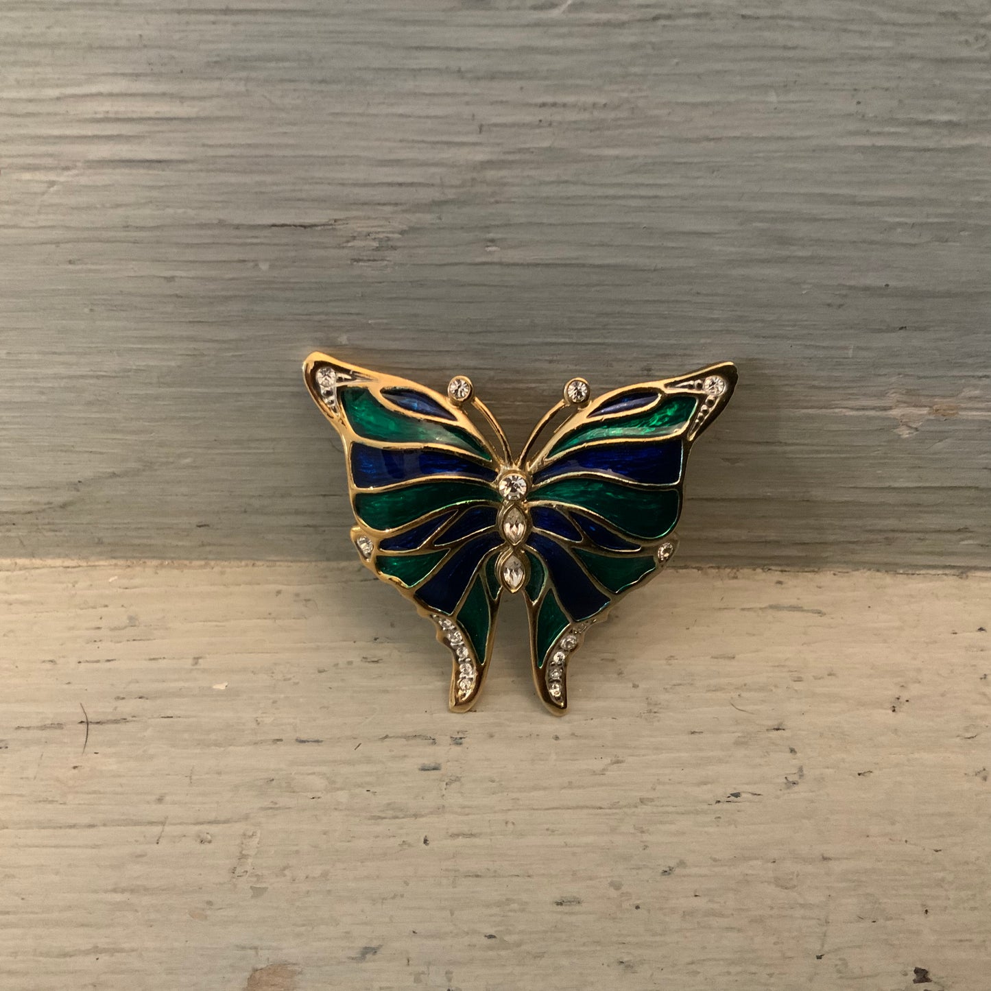 Beautiful Green Black Rhinestone Gold Butterfly Brooch Pin Good Condition