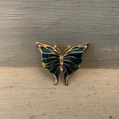 Beautiful Green Black Rhinestone Gold Butterfly Brooch Pin Good Condition