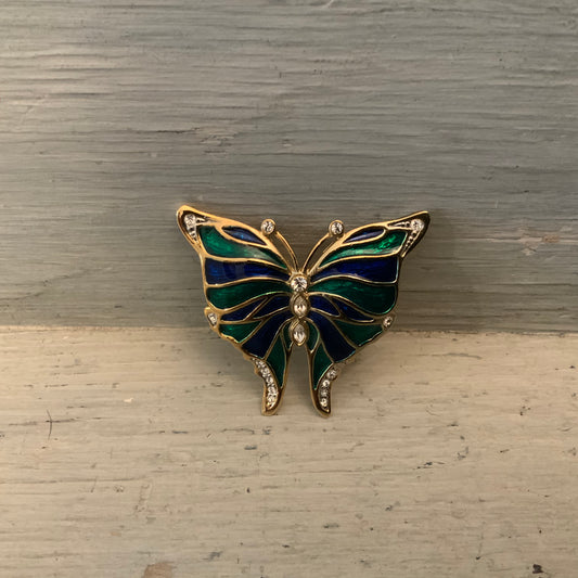 Beautiful Green Black Rhinestone Gold Butterfly Brooch Pin Good Condition