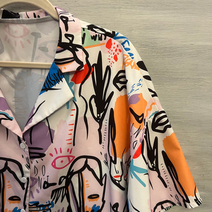 SHEIN Curve Colorful Abstract Print Oversize Button Down Crop Top Blouse Size 2XL Good Condition