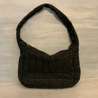 Black Nylon Waffle Quilted Puffer Shoulder Bag Purse Good Condition