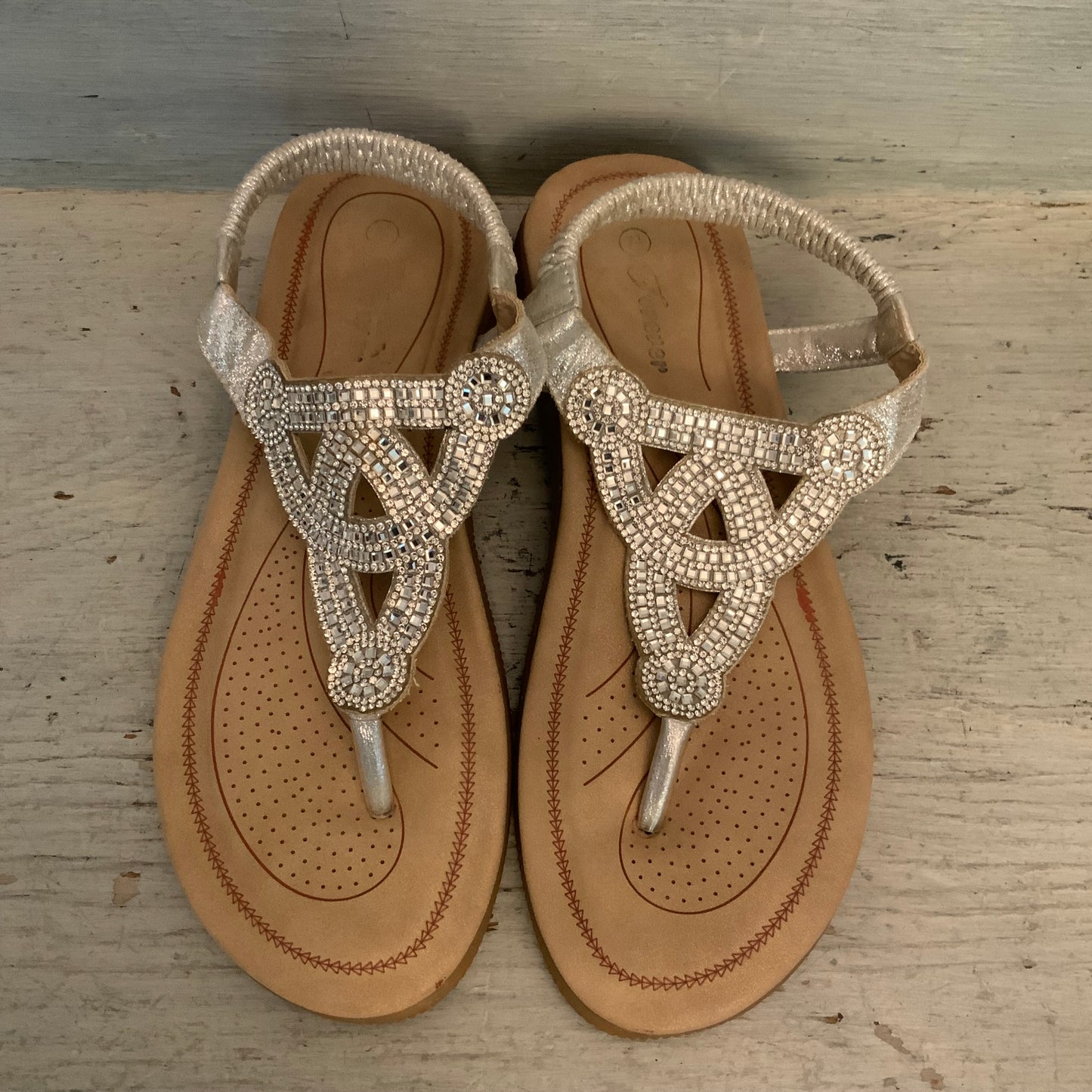 Forever Silver Embellished T Strap Thong Mini Wedge Slip On Sandals Size 7.5 Good Condition