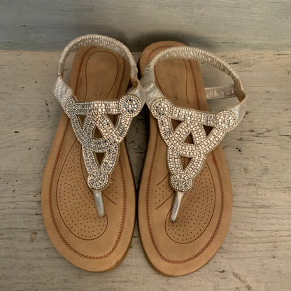 Forever Silver Embellished T Strap Thong Mini Wedge Slip On Sandals Size 7.5 Good Condition