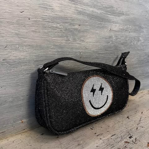 Skinny Dip Black Shimmer Rhinestone Smiley Face Shoulder Bag Purse Like New