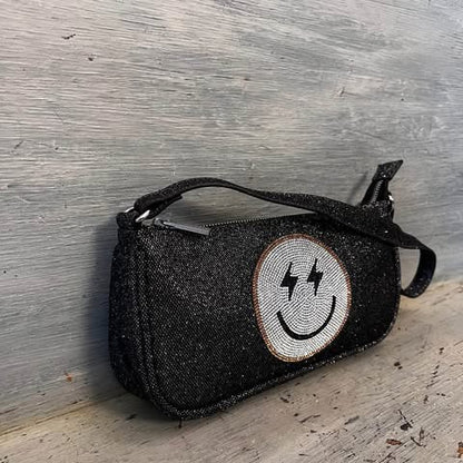 Skinny Dip Black Shimmer Rhinestone Smiley Face Shoulder Bag Purse Like New