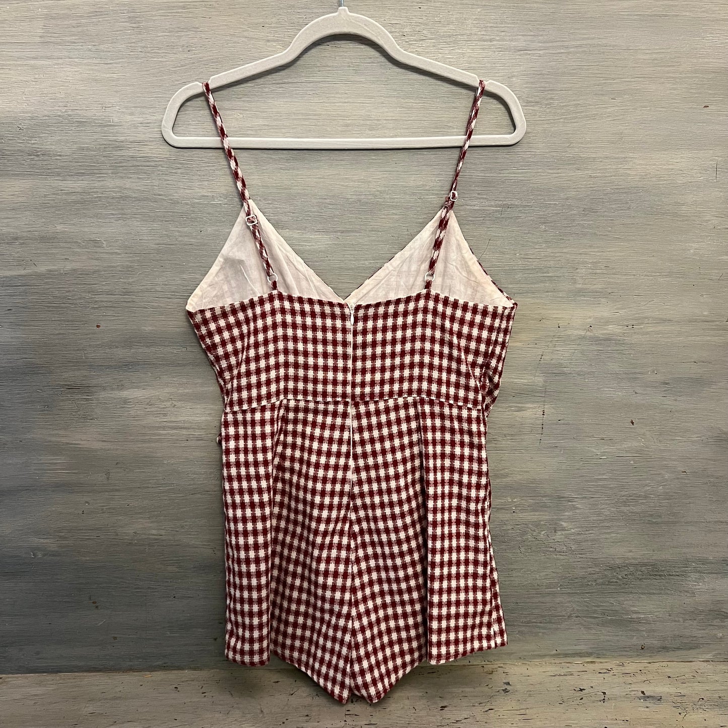 Super Down 100% Cotton Burgundy White Check Faux Wrap Romper Medium Like New