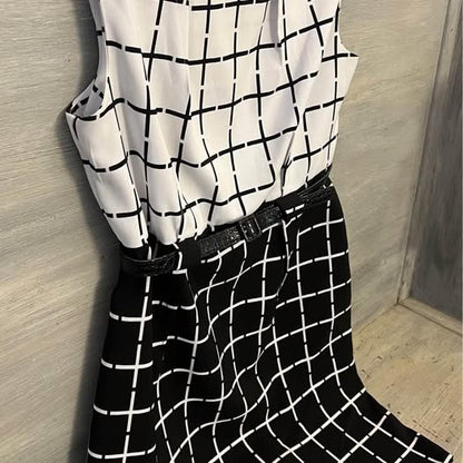 Emma & Michele Sleeveless Black White Geometic Print Belted Dress Size 12 Like New