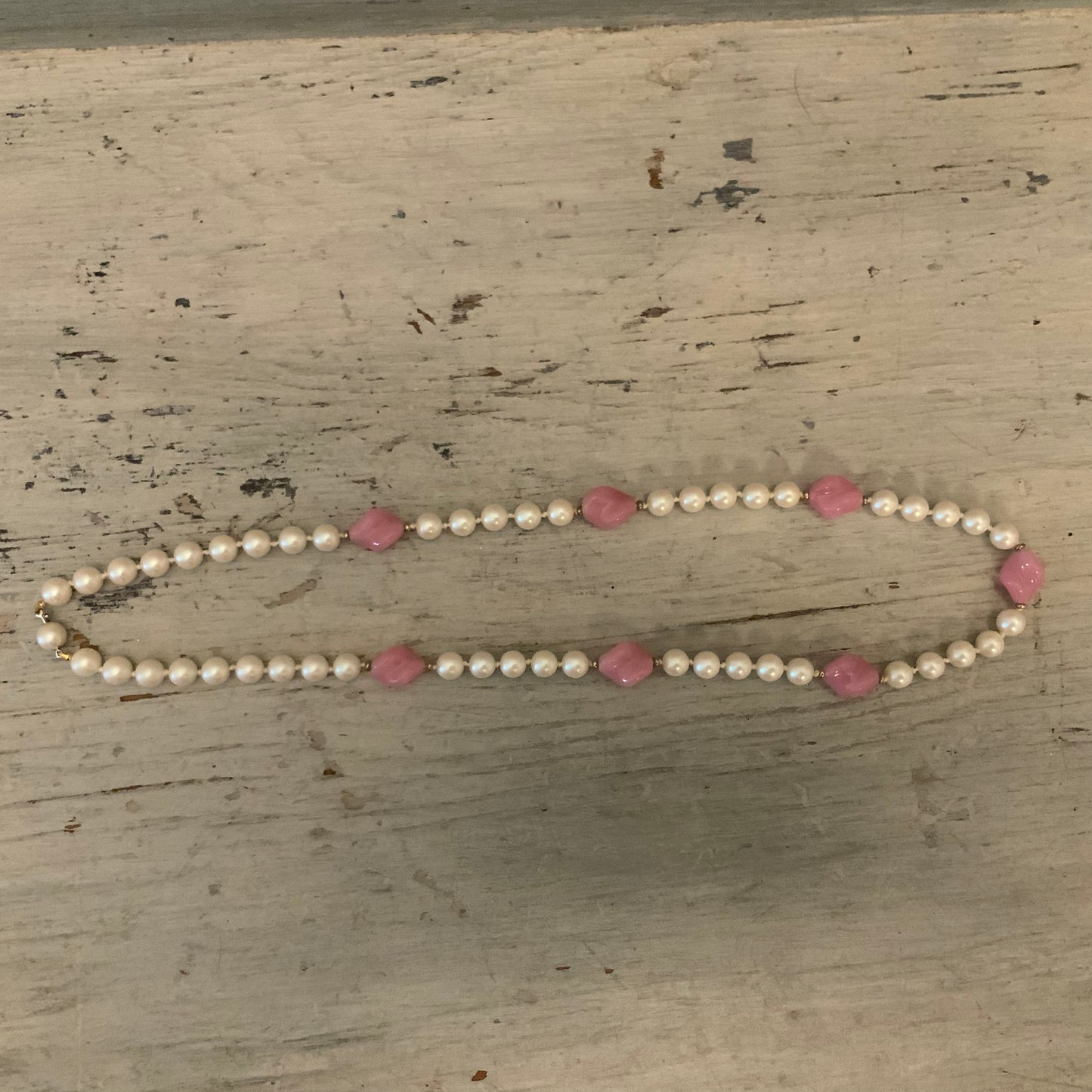 Vintage Faux Pearl with Faux Rose Quartz Alternating String Beaded Necklace Good Condition