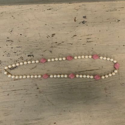 Vintage Faux Pearl with Faux Rose Quartz Alternating String Beaded Necklace Good Condition