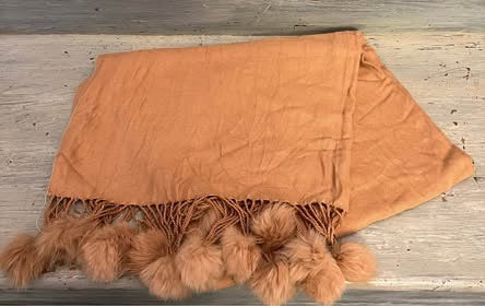 Soft Tan Faux Fur Pom Pom Wrap Scarf Made in Scotland Like New