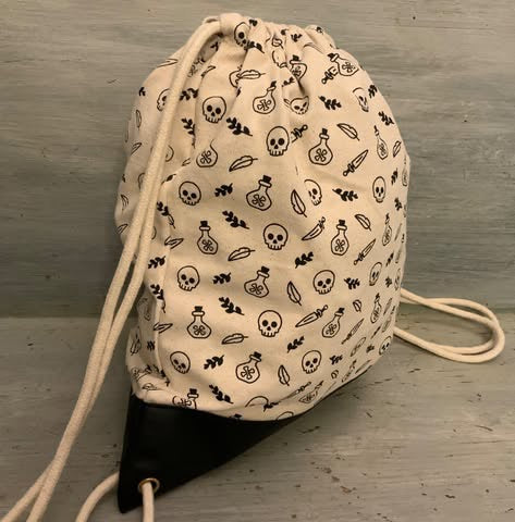 Skull Crossbones Poison Bottle Print Canvas Drawstring Backpack Good Condition