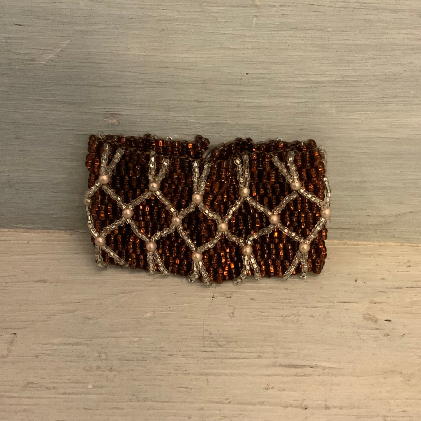 Handmade Copper Toned Beaded Cuff Bracelet w/ Lattice Weave Pattern 7" Good Condition