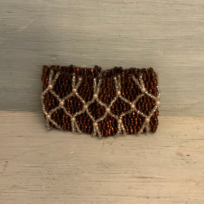 Handmade Copper Toned Beaded Cuff Bracelet w/ Lattice Weave Pattern 7" Good Condition