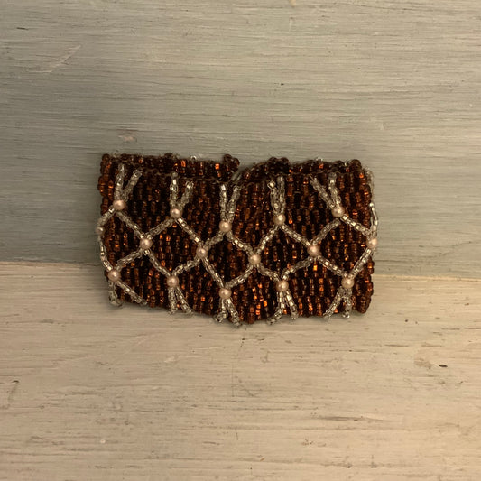 Handmade Copper Toned Beaded Cuff Bracelet w/ Lattice Weave Pattern 7" Good Condition