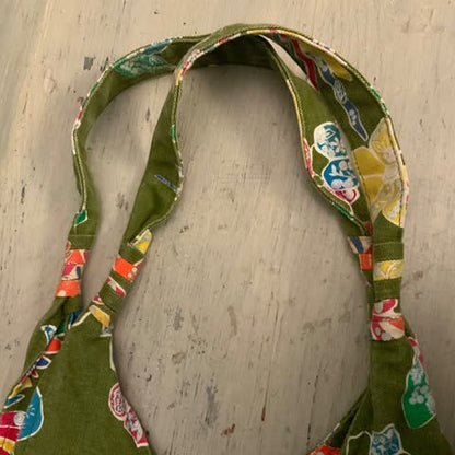 Boho Colorful Bird Flower Skull Print Olive Canvas Hobo Shoulder Bag Purse Good Condition