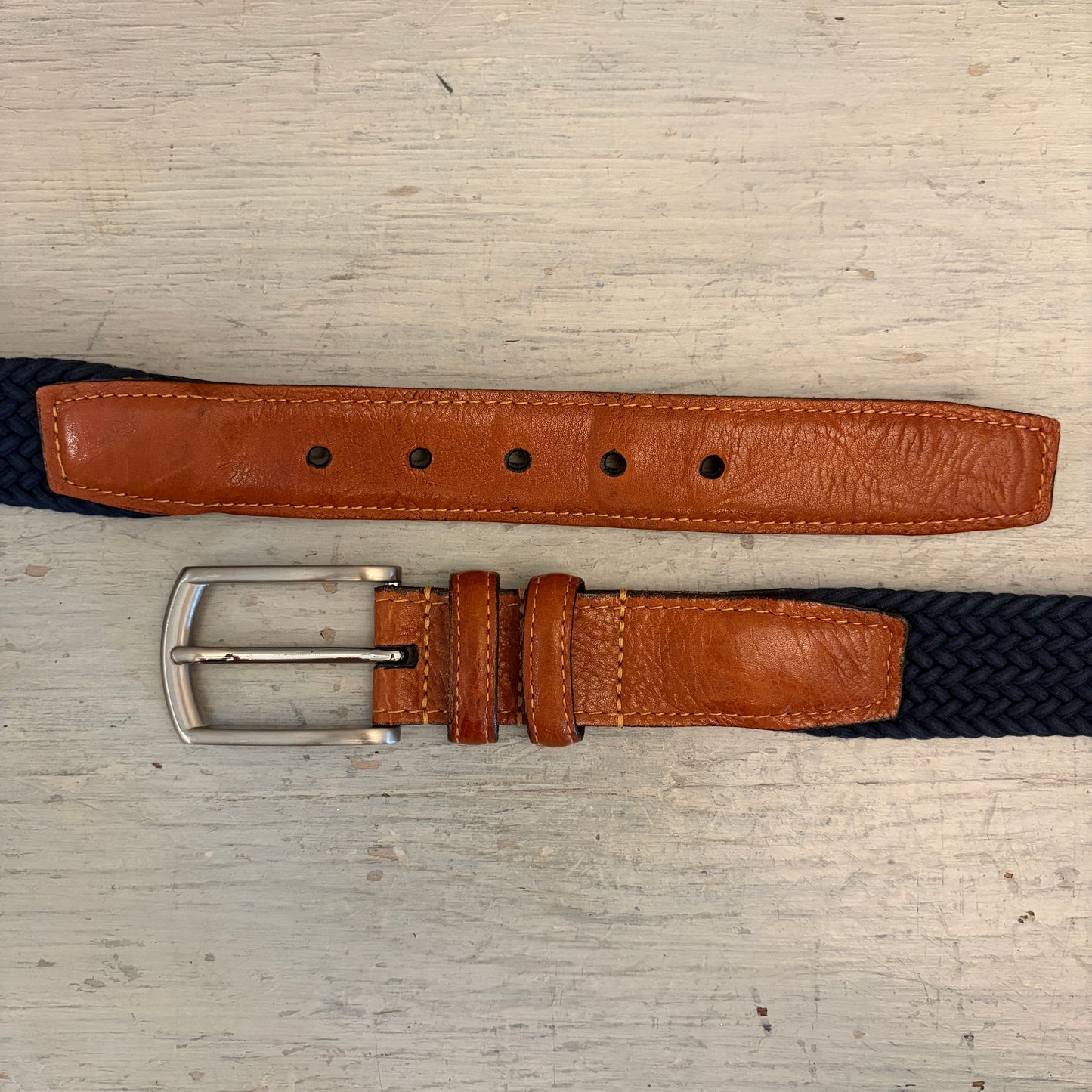 Torino Men's Navy Woven Stretch Belt with Brown Leather Trim 52" Good Condition