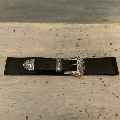 Elegant Western Black Faux Leather Ornate Silver Buckle Cinch Waist Belt Like New
