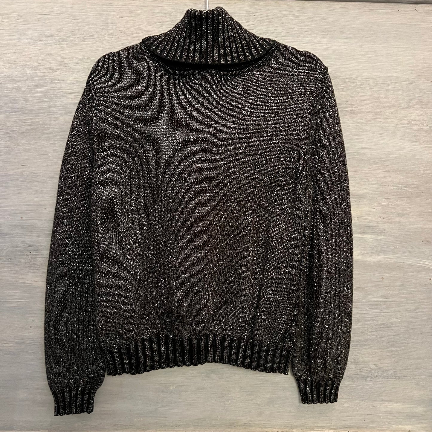 600 West Black Metallic Silver Thread Vneck Sweater w/ Removable Cowl XL Good Condition