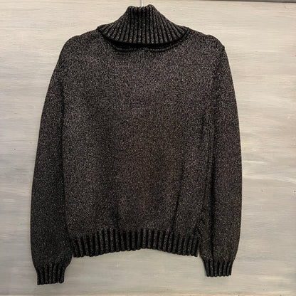 600 West Black Metallic Silver Thread Vneck Sweater w/ Removable Cowl XL Good Condition