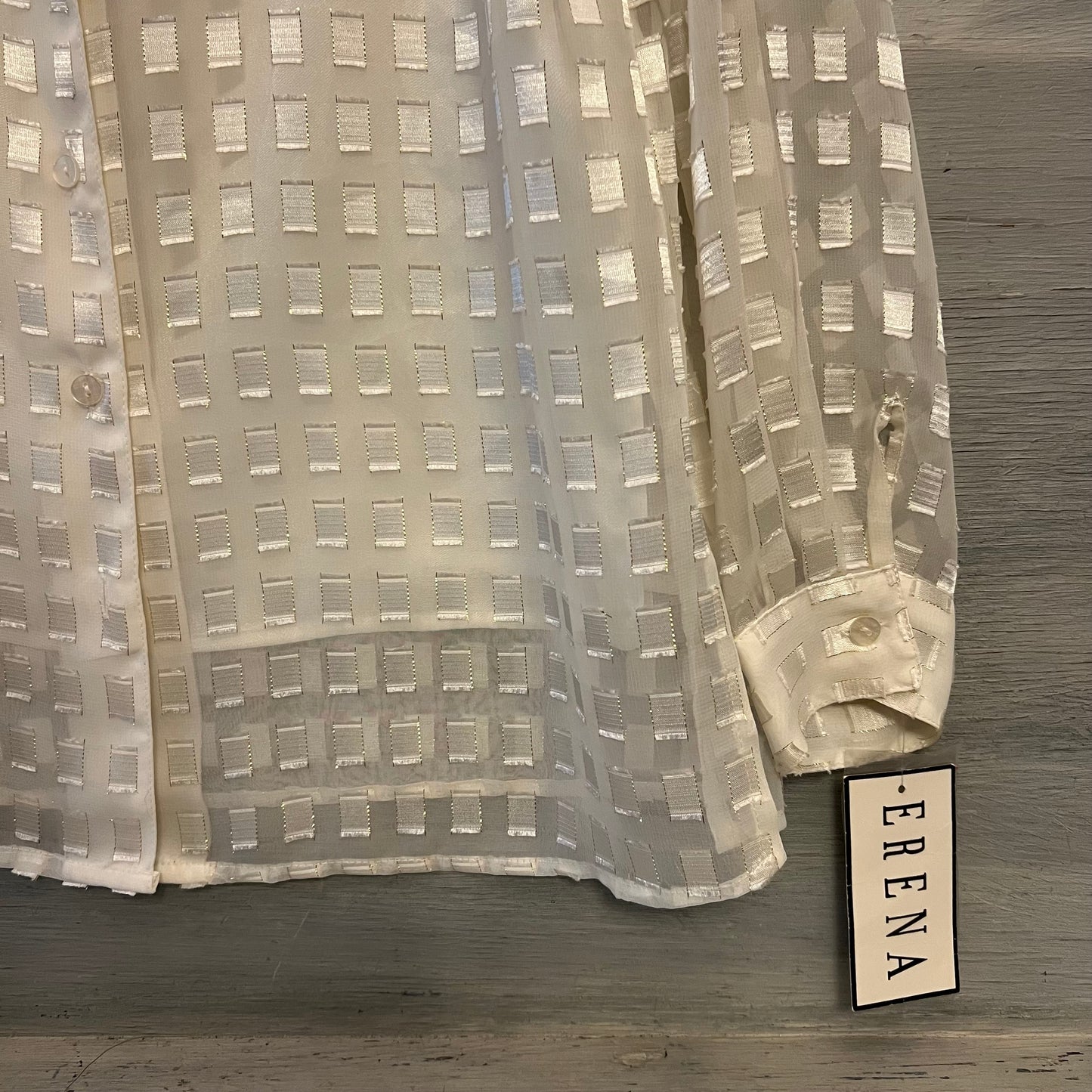 ERENA 2 Piece Sheer Cream Gold Square Pattern Button Down Blouse Medium New with Tags