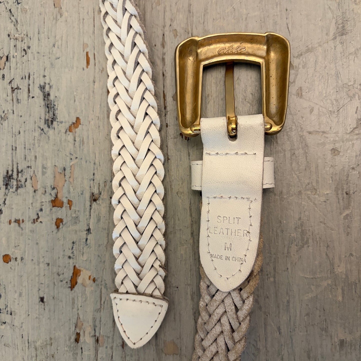Vintage Chic Braided White Leather Gold Buckle Belt Medium Good Condition