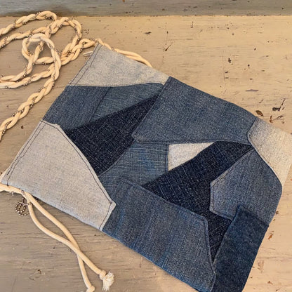 Denim Patchwork Crossbody Purse Braided Strap Zipper Closure Good Condition