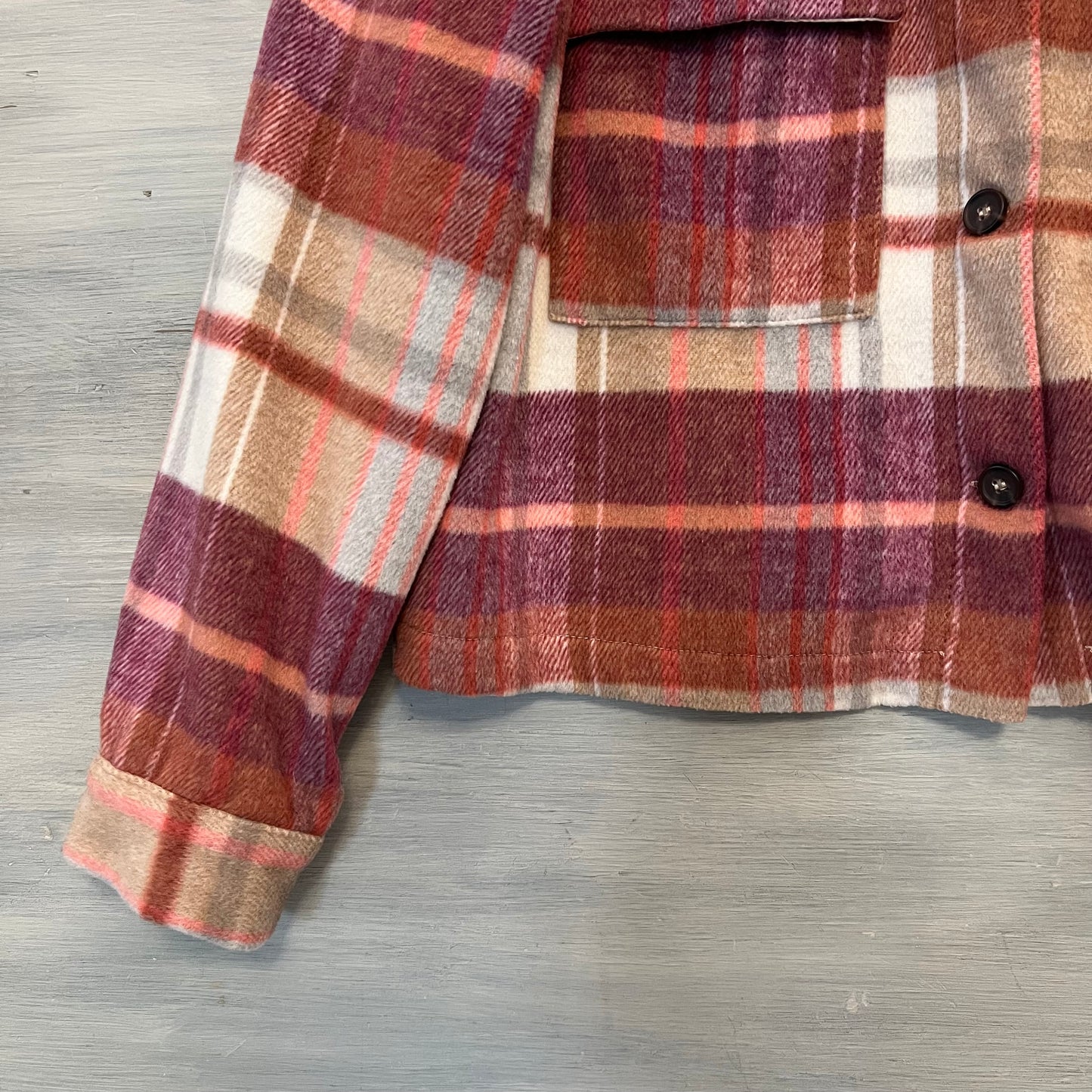 Melloday Purple Burgundy Gray Pink Cropped Flannel Shirt Size Medium Good Condition