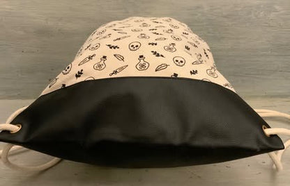 Skull Crossbones Poison Bottle Print Canvas Drawstring Backpack Good Condition