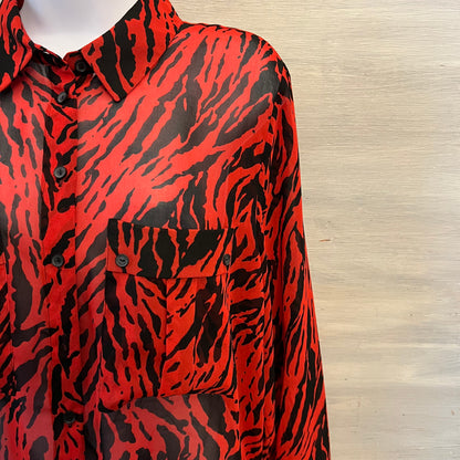 Mint Velvet Red Black Zebra Print Sheer Button Down Blouse Size 16 Like New