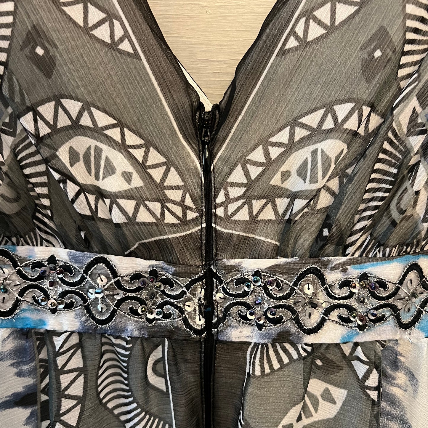 White House Black Market Aqua Charcoal Tie Dye Abstract Print Maxi Sun Dress Size 6 Good Condition