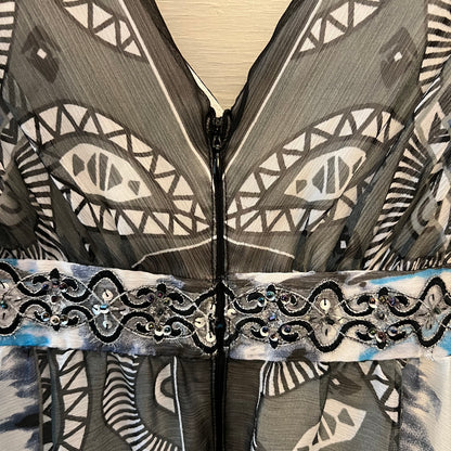 White House Black Market Aqua Charcoal Tie Dye Abstract Print Maxi Sun Dress Size 6 Good Condition