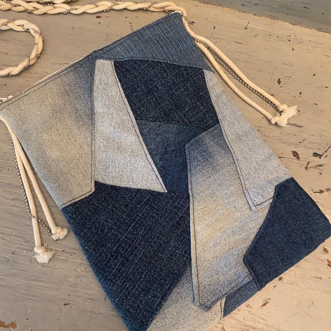 Denim Patchwork Crossbody Purse Braided Strap Zipper Closure Good Condition