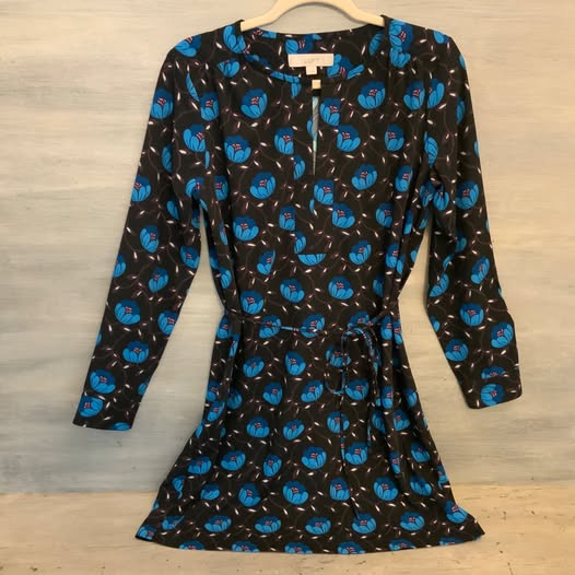 LOFT Black Blue Floral Print Shirt Dress Medium Like New