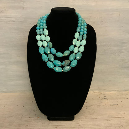 Lane Bryant Turquoise Tone Three Strand Chunky Beaded Statement Necklace 24.5-27.5" Like New