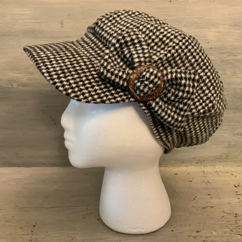 Black White Check Flannel Newsboy Cap Hat  with Bow Good Condition