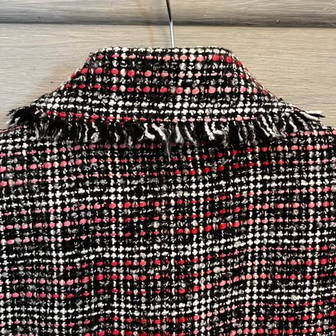 Chico’s Black Pink Fringe Trim Tweed Blazer Jacket Size 0/XS Like New
