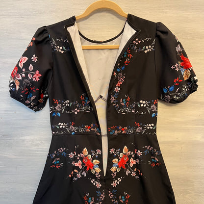 Lovely Black Floral Print Swallow Tail Collar Puff Sleeve Midi Dress Small Like New