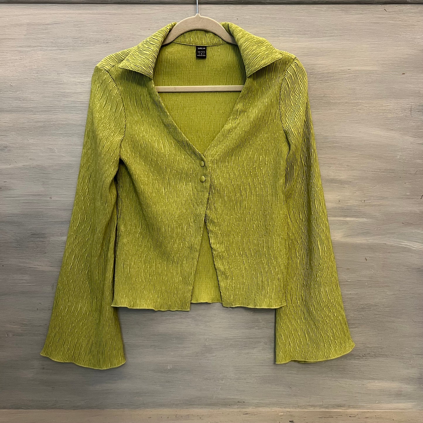 SHEIN Lime Green Crepe Flare Sleeve Two Button Front Blouse Small Like New