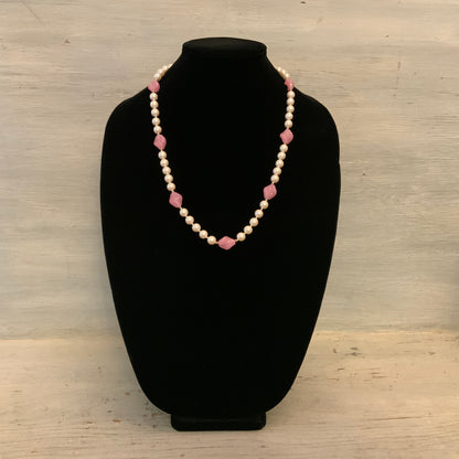 Vintage Faux Pearl with Faux Rose Quartz Alternating String Beaded Necklace Good Condition