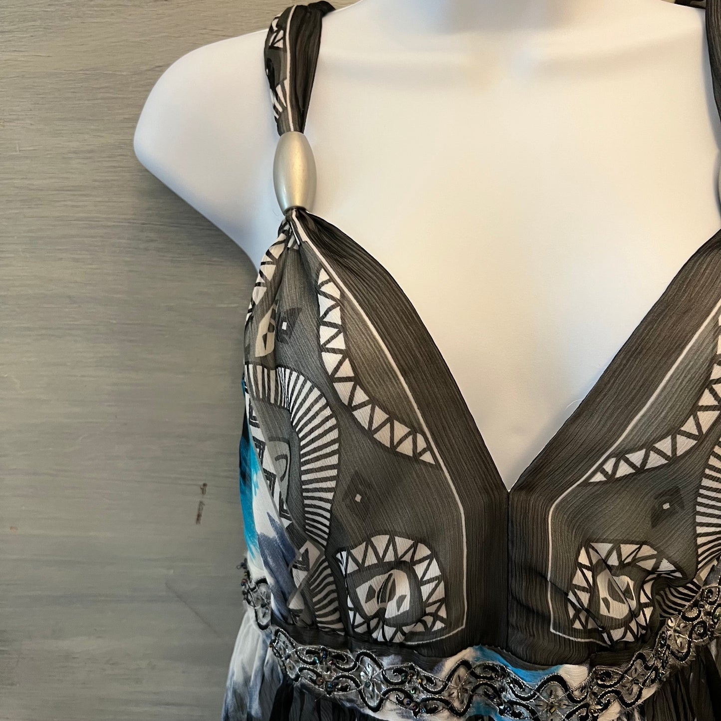 White House Black Market Aqua Charcoal Tie Dye Abstract Print Maxi Sun Dress Size 6 Good Condition