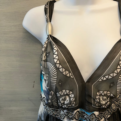 White House Black Market Aqua Charcoal Tie Dye Abstract Print Maxi Sun Dress Size 6 Good Condition