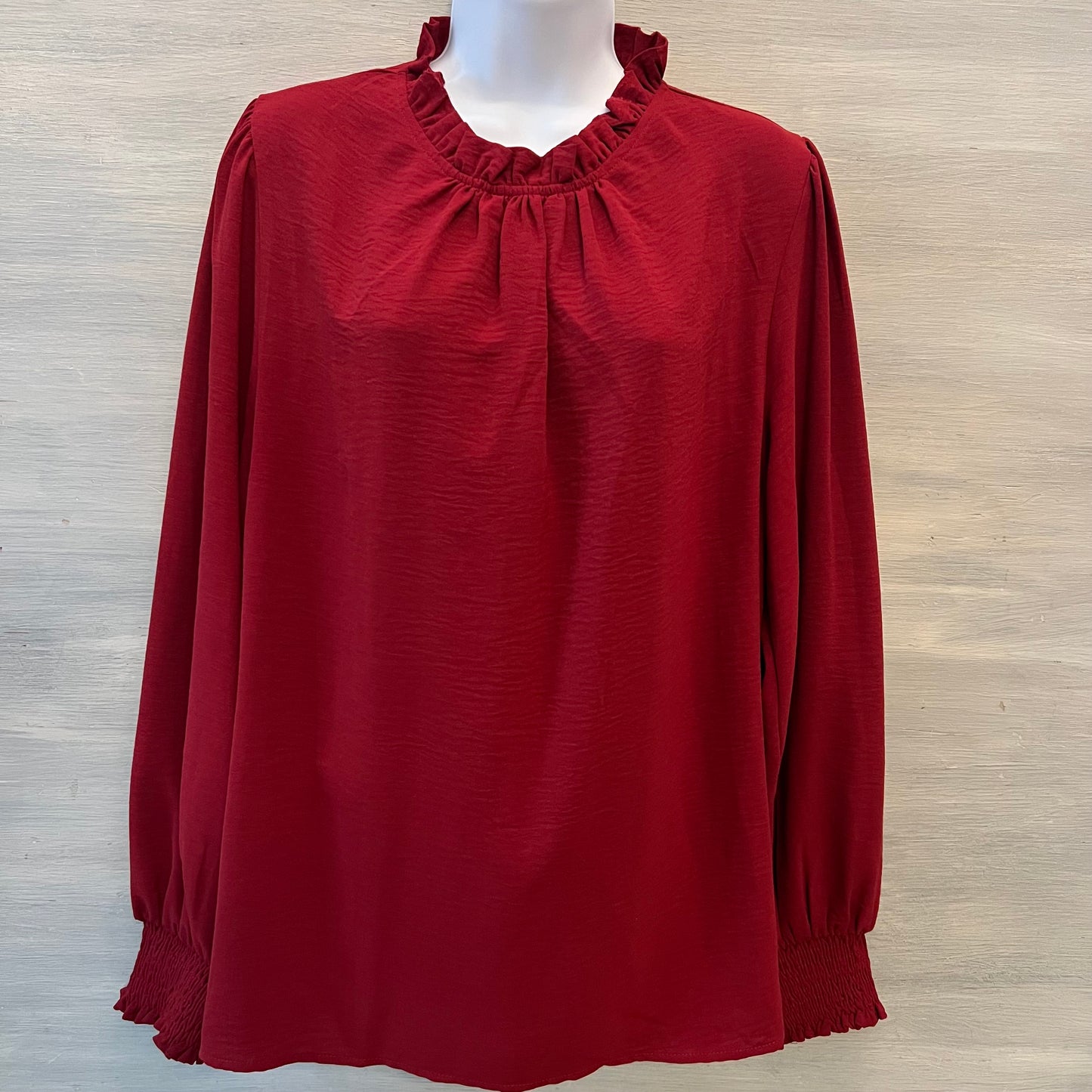Jodifl Burgundy Wine High Ruffle Neck Balloon Sleeve Blouse Size Large Good Condition