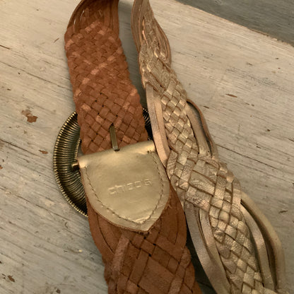 Chico’s Metallic Gold Leather Braided Belt Good Condition