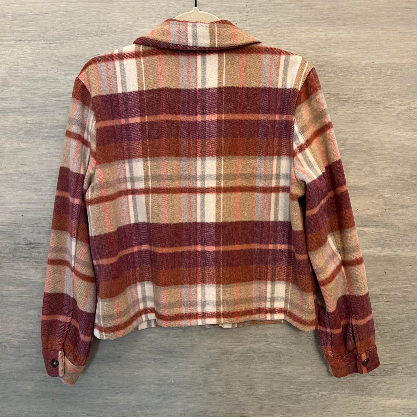 Melloday Purple Burgundy Gray Pink Cropped Flannel Shirt Size Medium Good Condition