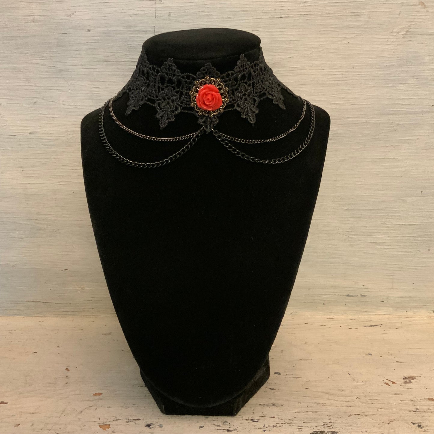 Gothic Victorian Style Black Faux Lace Choker Necklace 13-17" Good Condition