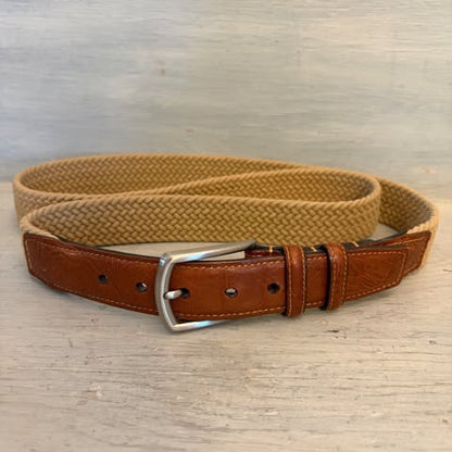 Torino Men's Tan Woven Stretch Belt with Brown Leather Trim 44-47.5" Good Condition